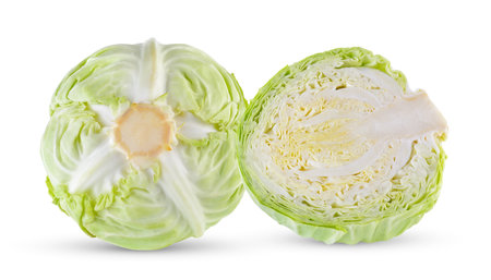 Green cabbage isolated on white backgroundの写真素材