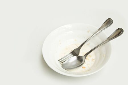 After breakfast, Cereal and soy milk, Empty bowlの写真素材