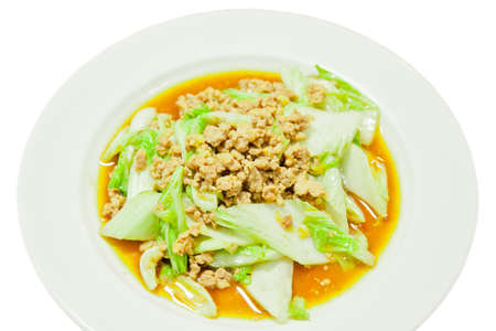 Haggis cabbage fried with minced pork isolated on whiteの写真素材