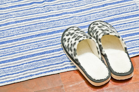 Slippers on doormatの写真素材