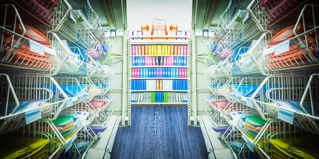 Shelf with stationery in a supermarket in Bangkokの写真素材