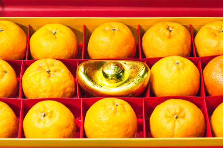 Orange fruit in red box, Chinese gift boxの写真素材