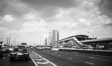 Traffic on the elevated road and skytrain stations Bangkok Thailand, Backgroundsの写真素材