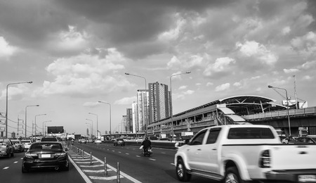 Traffic on the elevated road and skytrain stations Bangkok Thailand, Backgroundsの写真素材
