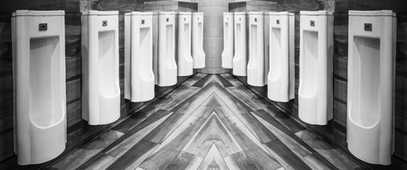 Line of white porcelain urinals in clean, Light public toiletsの写真素材