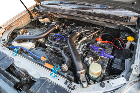 Diesel engine 2.5 litre under the hood of pickup truckの写真素材