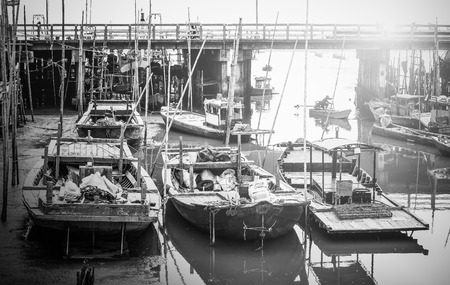 Fishing boats in fisherman village at Ang Sila Chonburi Thailand, Backgroundsの写真素材