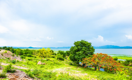 Sky, forest, mountain and reservoir at Lam Takhong reservoir, Nakhon Ratchasimaの写真素材