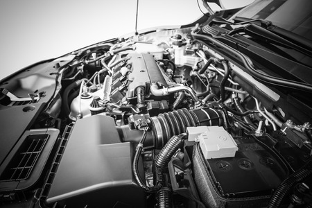 Close up detail of new car gasoline engine, Backgroundsの写真素材