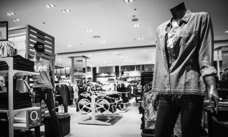 Jeans hanging on the floor in the department store to sell in many sizes in Central Department Store at Bangna-Trad road Bangna Bangkok Thailand, June 2, 2019のeditorial素材