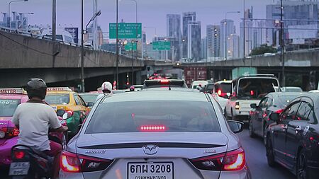 Traffic jam after work at Rama 3 road Klong-Toei Bangkok Thailand, August 2, 2019