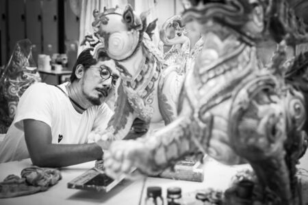 Artist painted on tiger statues in Thai literature at the Fine Arts Department, Sanam Luang, Bangkok, Thailand, September 14, 2017のeditorial素材