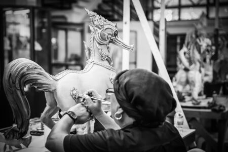 Artist painted on Himmapan Animal Statues in Thai literature at the Fine Arts Department, Sanam Luang, Bangkok, Thailand, September 14, 2017のeditorial素材