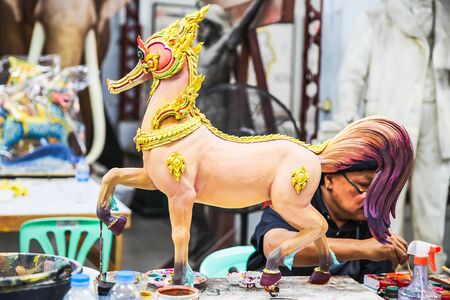 Artist painted on Himmapan Animal Statues in Thai literature at the Fine Arts Department, Sanam Luang, Bangkok, Thailand, September 14, 2017のeditorial素材