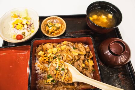 Rice topped with pork set in japanese style, Background foodの写真素材