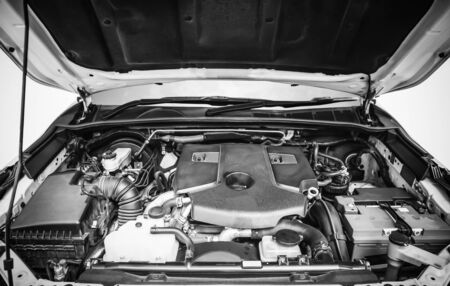 Close up 2.8 litre turbo diesel engine in hood of Toyota Fortuner, Backgroundsの写真素材