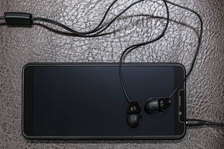 Smartphone and earphones placed on leather floorの写真素材