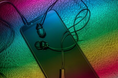 Smartphone and earphones placed on leather floorの写真素材