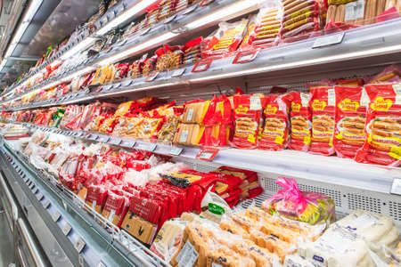 Various sausages on the shelf in a Makro Supermarket at On Nut Road, Phra Khanong Bangkok Thailand, March 15, 2020のeditorial素材