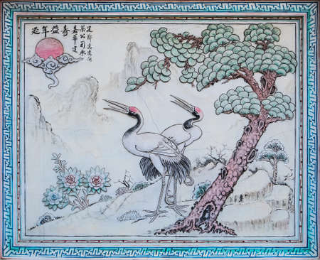 The birds paintings on the walls in Chinese style at Kanlapaphruek road Bangkok Thailand, 5 May 2020のeditorial素材