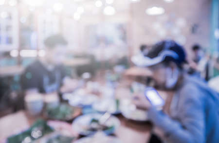 Blurred, People eating food in Thai restaurant at True Digital Park Community Mall, Sukhumvit road, Bangkok, Thailand, June 18, 2020の写真素材