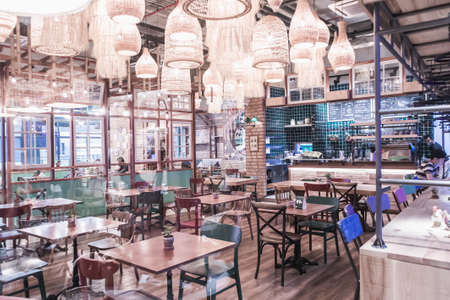 Interior of Thai restaurant in True Digital Park Community Mall at Sukhumvit road Bangkok Thailand, June 18, 2020のeditorial素材