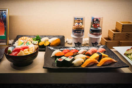 Displaying Japanese food placed on the shelf restaurant floor in Gateway Shopping Mall at Sukhumvit Road Ekamai Bangkok Thailand, August 28, 2020のeditorial素材