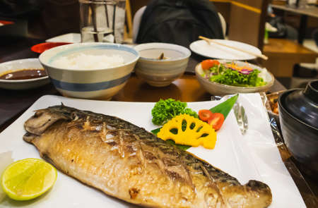 Japanese food, Grilled Saba fish on the table in Japanese restaurant, Healthy eatingの写真素材