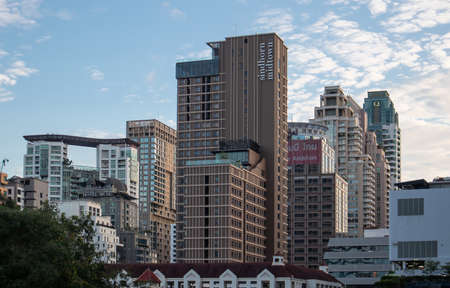 The buildings with clouds and blue sky at Sukhumvit road, Chidlom, Bangkok, Thailand, November 27, 2020のeditorial素材