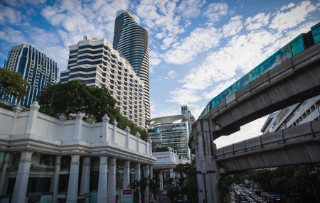 November 27, 2020, Skytrain runs past the Hyatt Erawan Hotel at Ratchaprasong intersection Sukhumvit...