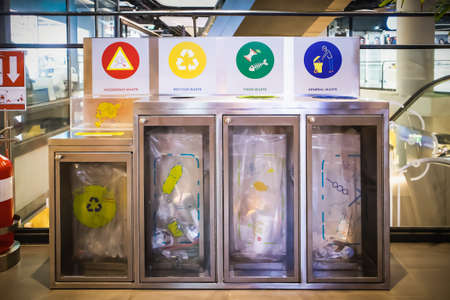 Sorted Recycled Metal Waste Box in Department Store at Sukhumvit road Bangkok Thailand, July 5, 2020のeditorial素材