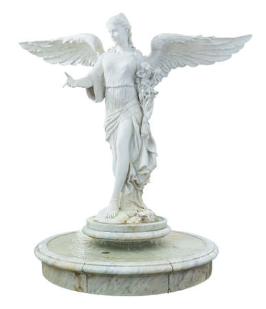 A beautiful angel decoration on a fountain isolated on white backgroundの写真素材
