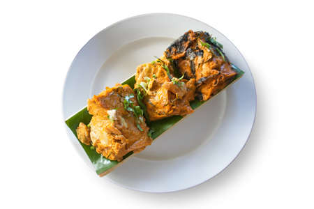 Steamed fish with curry paste isolated on background, Traditional Thai food background