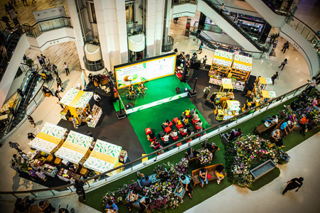 People listening to music at a food event in exhibition hall in Central Pinklao Department Store at Borommaratchachonnani Road, Arun Amarin, Bangkok Noi District, Bangkok, Thailand, September 22, 2018のeditorial素材