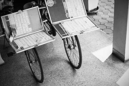 Lottery stalls mounted on bicycles at Putamontorn 5 line Srinakarin road Nakhon Pathom Thailand, September 29, 2018のeditorial素材