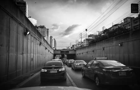 Rush hour after work, Cars stuck and traffic jam in the evening at Ratchadapisek road Bangkok Thailand, November 8, 2018のeditorial素材