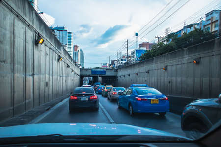 Rush hour after work, Cars stuck and traffic jam in the evening at Ratchadapisek road Bangkok Thailand, November 8, 2018のeditorial素材