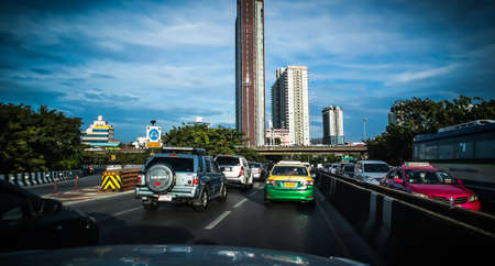 Rush hour after work, Cars stuck and traffic jam on the elevated way at Ratchadapisek road Bangkok Thailand, November 8, 2018のeditorial素材