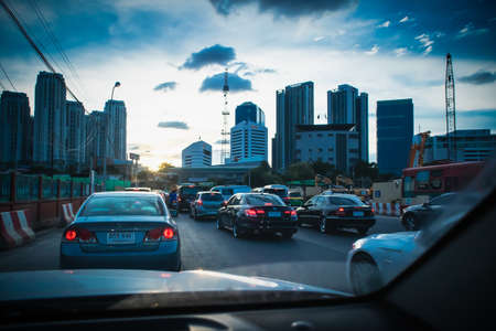 Rush hour after work and traffic jam in the evening and road that is being renovated at Huai Khwang Bangkok Thailand, November 8, 2018のeditorial素材