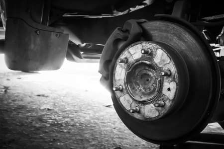 Wheel hubs and disc brakes in an old pickup truck, Backgroundの写真素材