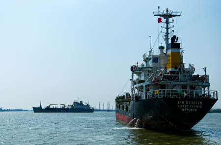 Cargo ships anchored in the middle of the Chao Phraya River at Bang Pu subdistrict, Samut Prakan, Thailand, January 29, 2022のeditorial素材