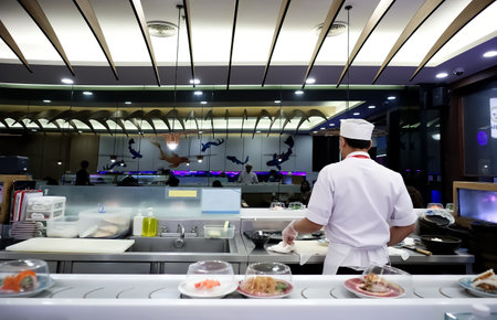 Sushi on a sliding rail and Japanese food chef in a Japanese restaurant in a shopping mall at Sukhumvit road Bangkok Thailand, July 9, 2022のeditorial素材