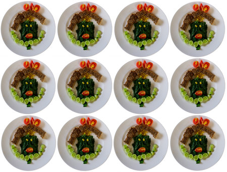 Pork steak with vegetables in white plate isolated on white, pattern background