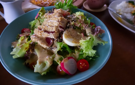 Delicious pork salad on the table in the restaurant, foodの写真素材