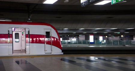 The Red Line electric train stops in Laksi Skytrain Station at Vibhavadi road Bangkok Thailand