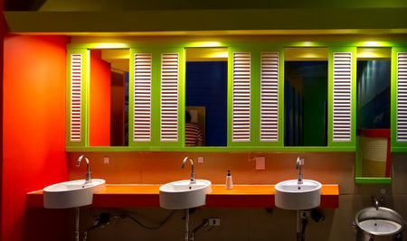 Orange and green men's restroom in a shopping mall, Bangkok, Thailandの写真素材
