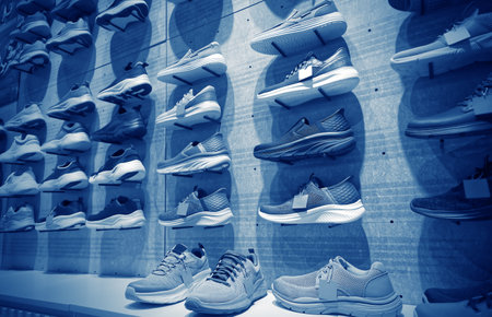 Sneakers on the shelves in the shoe corner in Department Store, Bangkok, Thailand