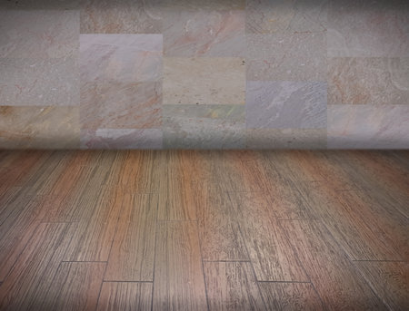 Wooden floor and marble wall pattern backgroundの写真素材