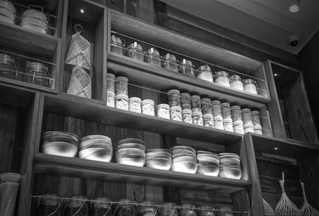 Crockery and cereals with spaghetti in jars on wooden shelves in restaurant, backgroundの写真素材