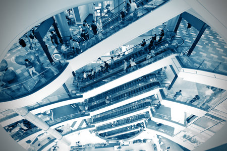 August 17, 2024, Interior design of Terminal 21 Shopping Mall with people on escalator at Asoke Montri intersection Sukhumvit road Bangkok Thailandのeditorial素材